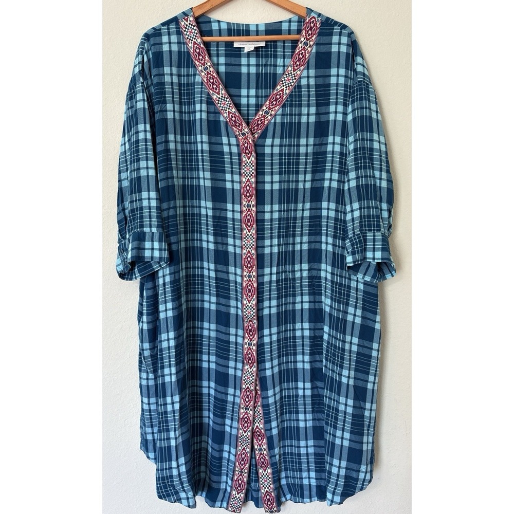 Dreams & Co. Teal Turquoise Plaid Long Sleeve Button‎ Loungewear 22/24 1X Dress